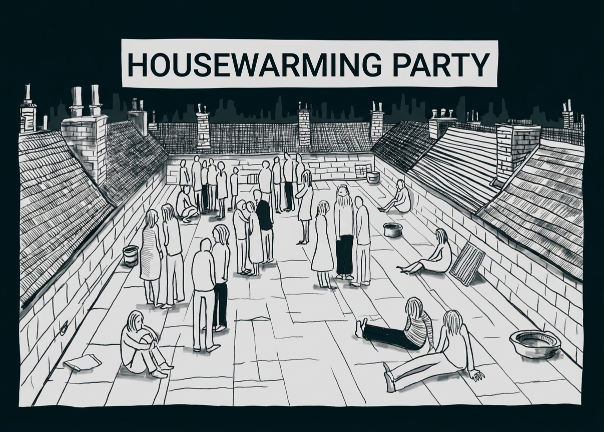 Cartoon: Dachterrasse mit vielen Gästen bei einer Housewarming-Party, Menschen stehen und sitzen, Stadtsilhouette im Hintergrund.